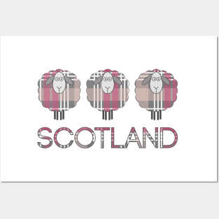 Trio of Scottish Pink, White and Grey Tartan Patterned Sheep Posters and Art